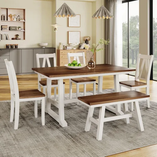 Vista 26 de JIVOIT Farmhouse - Juego de mesa de comedor de 6 piezas, juego de cocina de madera con caballete rectangular y 4 sillas tapizadas y banco para Gris
