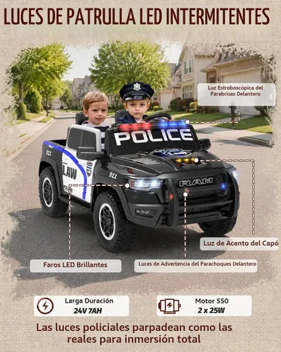 Vista 6 de First Ride On RAM 1500 RHO 24V - Coche de policía de 2 plazas para niños Negro