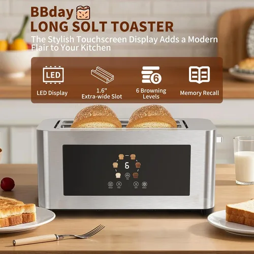 Vista 2 de Tostadora Inteligente con Pantalla Táctil de 4 Rebanadas, Pantalla LCD, Tostadora de Ranura Larga de 1.6", con 6 Configuraciones de Tostado