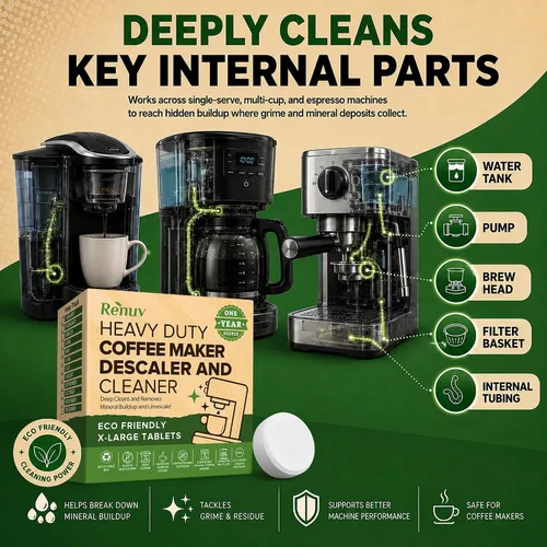 Vista 3 de Renuv Tabletas Limpiadoras y Descalcificadoras para Cafetera, 12 Usos para Keurig, Ninja, Breville, Delonghi, Nespresso, Miele, Jura, Mr Coffee