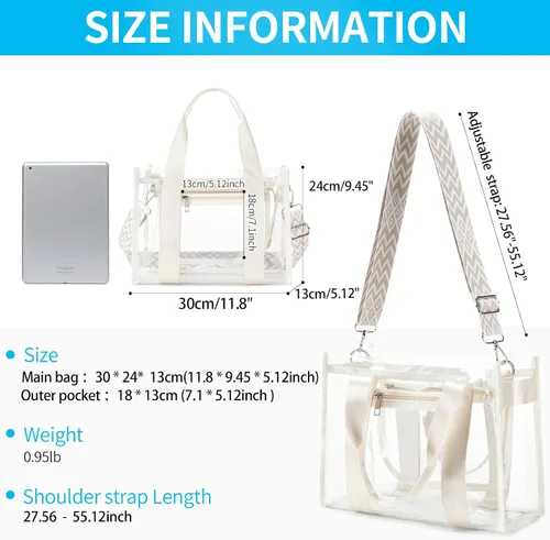 Vista 4 de Bolsa transparente UEOE para eventos en estadios, gran bolso de mano transparente con bolsa con cremallera exterior e interior para eventos