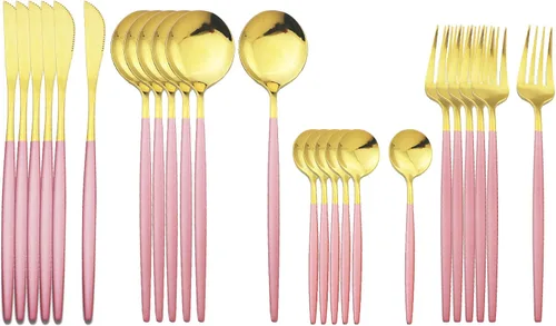 Vista 12 de Juego de cubiertos dorados con mango negro, 24 piezas de acero inoxidable brillante, cubiertos para 6, aptos para lavavajillas