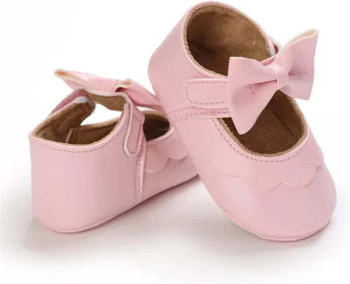 Vista 6 de myppgg Zapatos planos Mary Jane para bebé niña, con lazo brillante, vestido de princesa, zapatos de cuna antideslizantes para niños pequeños que