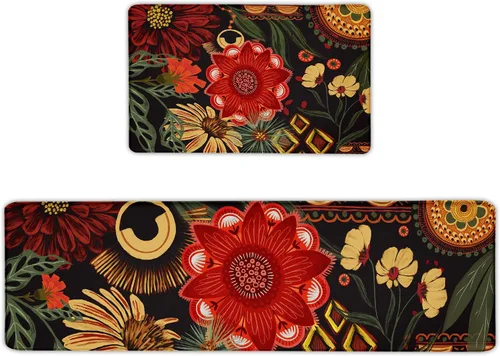 Vista 11 de Tyrot Alfombras de cocina negras estilo boho azteca, juego de 2 tapetes acolchados antifatiga, alfombras de espuma de estilo occidental para cocina