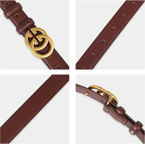 Vista 406 de Cinturón de cuero clásico con hebilla de metal para mujer con vestido de jeans