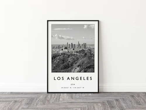 Vista 3 de Impresión de pared de Los Ángeles, arte de pared de Los Ángeles, arte de viajes americano, decoración de viajes, arte fotográfico en blanco y negro