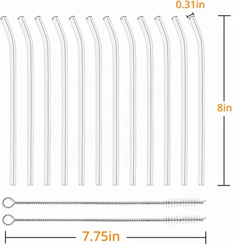 Vista 2 de Paquete de 12 popotes de vidrio reutilizables - 8" x 8 MM, popotes de vidrio curvos para beber con 2 cepillos de limpieza, popotes reutilizables