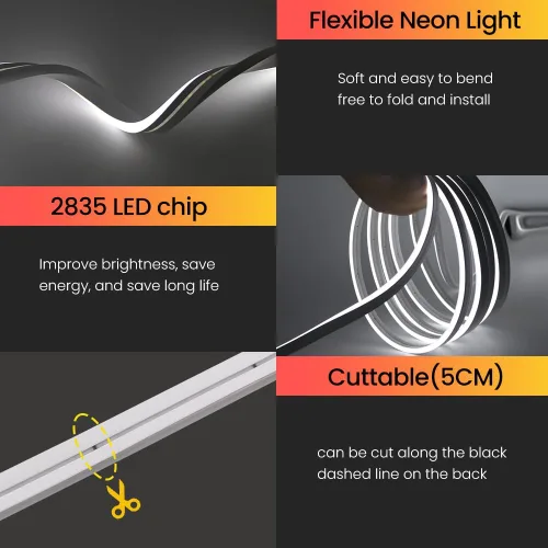 Vista 5 de KISUFU Luces de neón LED de 24 V 2835 CC, cuerda de luz LED regulable, IP67 impermeable 120 LEDs/m, tira de luces LED de silicona, letrero flexible