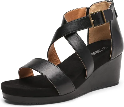 Vista 10 de Dream Pairs - Sandalias con plataforma de cuña para mujer, con punta abierta y correa para el tobillo con hebilla, para el verano Beige