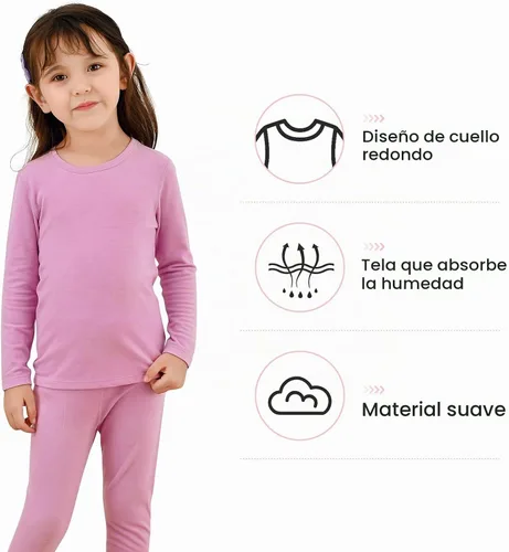Vista 5 de Ropa interior térmica para niños pequeños, conjuntos de capa base de invierno tipo Long Johns para niñas y niños Un rosa oscuro.