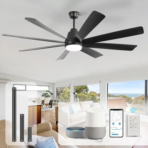 Vista 10 de Sofucor - Ventilador de techo inteligente de 84 pulgadas con luz, ventilador de techo negro para exteriores con 8 aspas de aluminio, funciona
