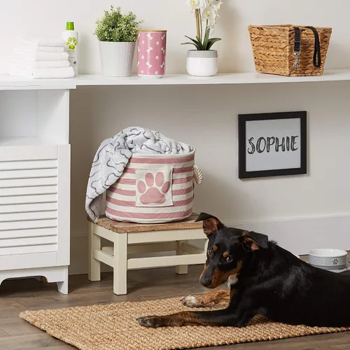 Vista 53 de Bone Dry - Cesta de almacenamiento para mascotas, diseño de parche de pata rayado, aguamarina, rectángulo pequeño