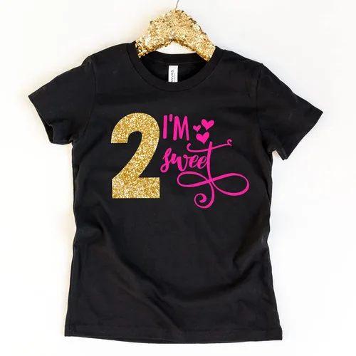 Vista 2 de Two Sweet Number Two Shirt Toddler Girl Pink and Gold Toddler Outfit Valentines Day Shirt (2T, Black)