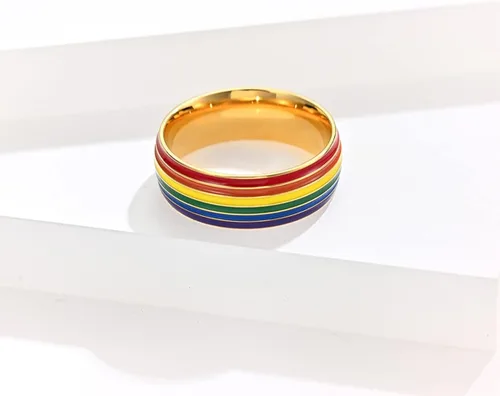 Vista 2 de Anillo de compromiso con arcoíris de orgullo para parejas, de acero inoxidable, 0.315in de ancho, arcoíris, boda, compromiso, para hombres y mujeres