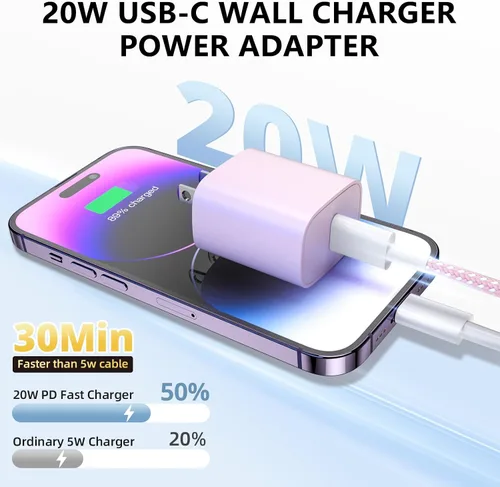 Vista 2 de Cargador de teléfono de carga rápida, paquete de 4 bloques de cargador de pared USB C de 20 W con cable Cable de carga tipo C de 6 pies compatible