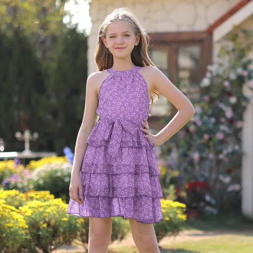 Vista 5 de Vestido floral con volantes y cuello halter para niñas, vestido de gasa de verano con cinturón