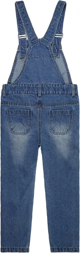 Vista 2 de KIDSCOOL SPACE Overol de mezclilla rasgado para niñas, 3 botones, banda elástica rasgada