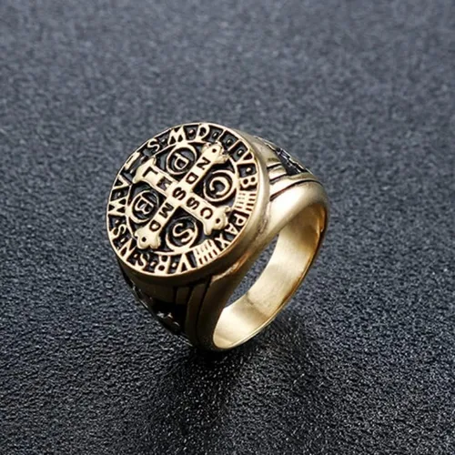 Vista 2 de Anillo de cruz católico de San Benito para hombre, medalla de exorcismo de acero inoxidable