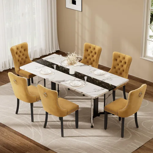 Vista 42 de Juego de mesa de comedor de 5 piezas con 4 sillas, mesa de comedor rectangular de madera de 71 pulgadas con sillas de comedor de terciopelo, tablero