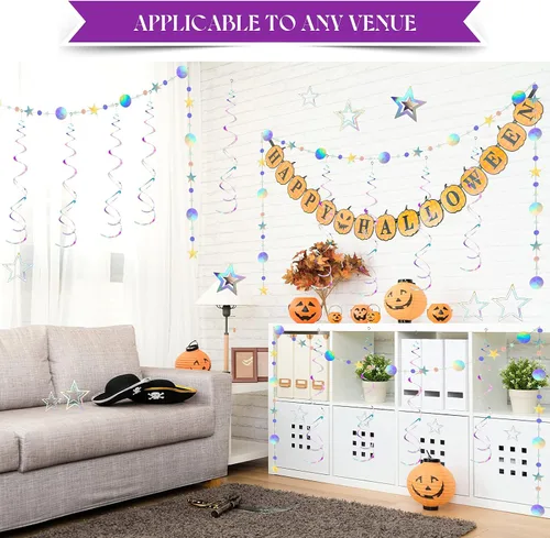 Vista 7 de 37 piezas de decoraciones holográficas iridiscentes para fiestas, remolinos con purpurina, guirnalda de galaxia, suministros de fiesta de estrella