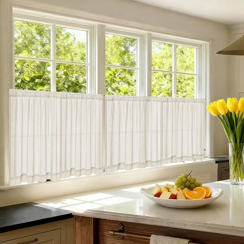 Vista 7 de Cortinas de cocina de lino semitransparente beige de 24 pulgadas de largo, 2 paneles Cream, Cafe Short Curtains, for Bathroom Small Windows, Light