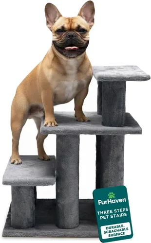 Vista 10 de Furhaven Steady Paws - Escaleras para mascotas de varios pasos para camas altas y sofás, color marrón, 3 escalones
