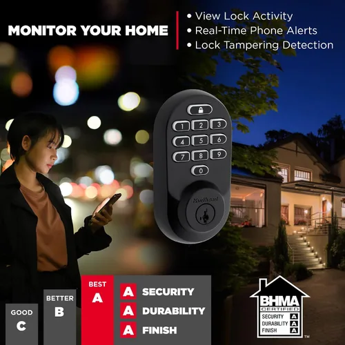 Vista 6 de Kwikset Halo - Cerradura inteligente Wi-Fi, cerradura de puerta sin llave con cerrojo, desbloqueo automático por geocerca, certificación grado AAA
