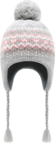 Vista 2 de Otoyzy Gorro peruano de invierno con orejeras y forro polar con pompón para niñas de 3 a 10 años