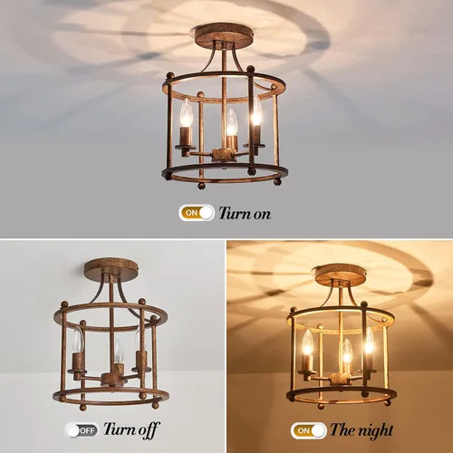 Vista 3 de UOFUS - Lámpara de techo de 3 luces estilo granja vintage, semiempotrada, en bronce rústico metálico, para isla, sala de estar, dormitorio, cocina