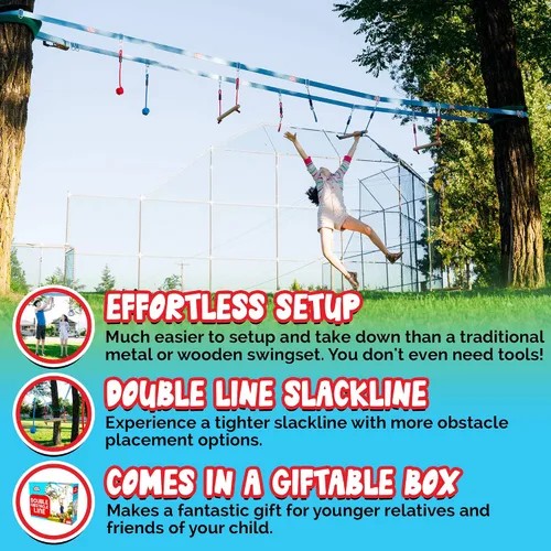 Vista 2 de Double Ninja Slackline - Carrera de obstáculos para niños Línea de 80 pies Equipo de juegos Ninja Slackline Monkey Bars Curso de cuerdas Ninja