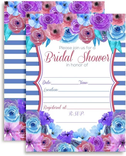 Vista 9 de Amanda Creation Juego de 20 invitaciones de acuarela floral azul, gris y dorado para despedida de soltera, incluye sobres