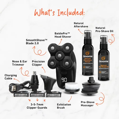Vista 3 de GROOMIE Paquete sin pelo, no importa, afeitadoras eléctricas 5D BaldiePro para hombres calvos, aceite natural para preafeitado para promover