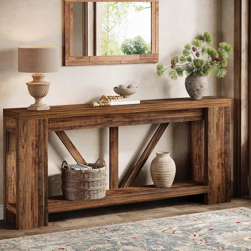 Vista 11 de Tribesigns Mesa de entrada extra larga de 70.9 pulgadas, mesa consola de madera de granja con almacenamiento, mesa de sofá moderna detrás del sofá