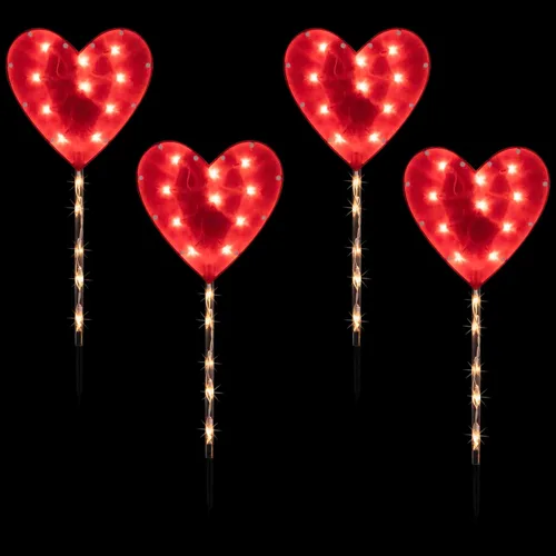 Vista 3 de Marcador de camino para el día de San Valentín, 4 unidades, diseño de corazón rojo, luces transparentes