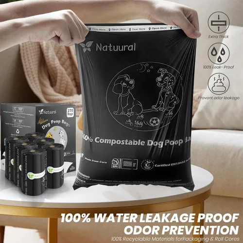 Vista 4 de Bolsas compostables certificadas para excremento de perro, 270 bolsas de 18 rollos, bolsas para excrementos para perros hechas de almidón de maíz