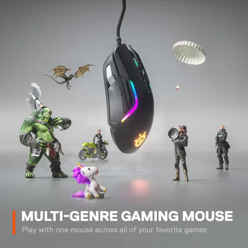 Vista 2 de SteelSeries Rival 5 mouse para videojuegos con iluminación RGB PrismSync y 9botones programables, para videojuegos FPS, MOBA, MMO y battle royale