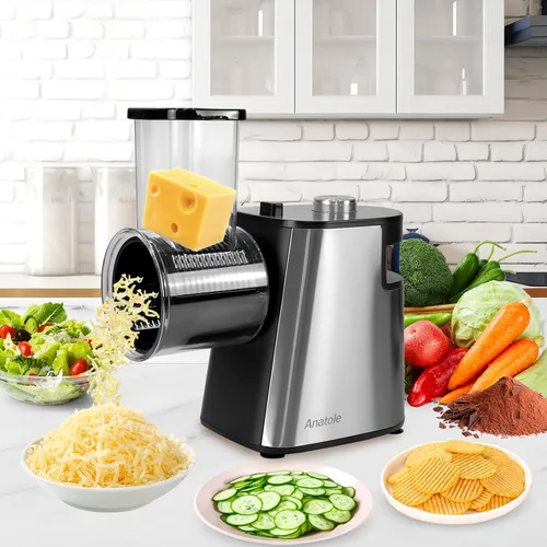 Vista 6 de Rallador de queso eléctrico Anatole de acero inoxidable, triturador de vegetales de 6 cuchillas, 250W, entrada y salida grandes, libre de BPA, 110V