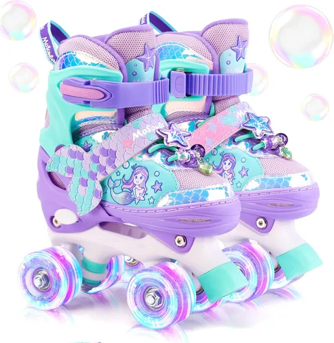 Vista 11 de Patines de Sirena para Niñas, MoSoulais 4 Tamaños Ajustables con Ruedas Iluminadas para Niños Pequeños, Patines para Mujeres Principiantes