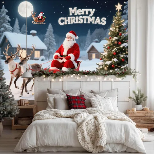 Vista 3 de BlissYard Pancarta de Fondo de Navidad de 8 x 6 pies Papá Noel Trineo Reno Feliz Navidad Árbol Muñeco de Nieve Regalos País de las Maravillas