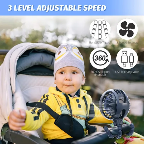 Vista 3 de LAT Ventilador de cochecito flexible con clip para trípode, ventilador portátil para asiento de coche con trípode flexible (azul marino)
