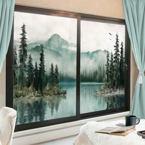Vista 10 de Película de privacidad para ventana de dibujo de paisaje abstracto, escena de lago, temática de naturaleza, vitrales, sin pegamento, película