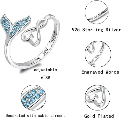 Vista 5 de zaxsj S925 Sterling Silver Mermaid Jewelry for Women - Mermaid Tail Love You Forever Blue Sea Wave Marine Jewelry Set for Girls Ocean Lovers