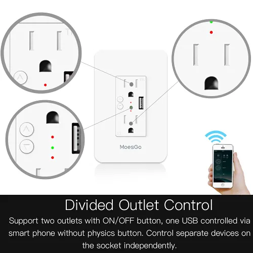 Vista 5 de MoesGo Toma de corriente inteligente de pared con USB, enchufe WiFi con 2 tomas de corriente, control dividido de 15 amperios, control remoto Smart