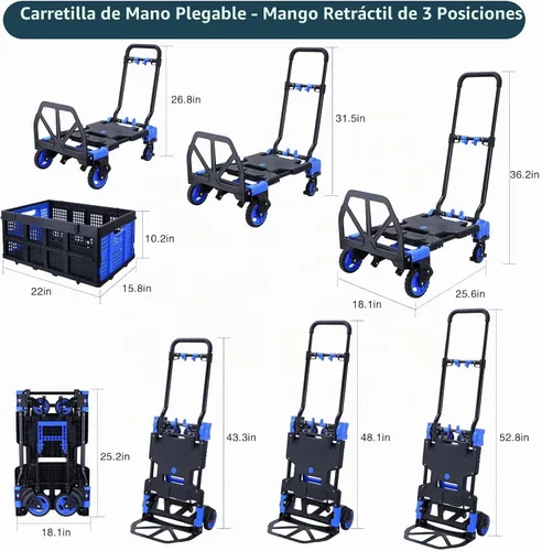 Vista 3 de JJSMKCH Carrito de mano plegable 2 en 1 con cesta plegable A-azul
