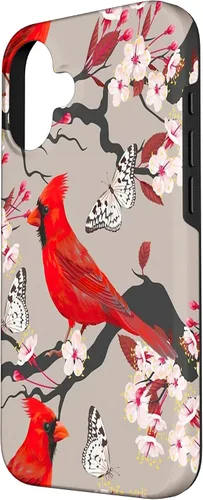 Vista 2 de Funda para iPhone 16 Women Girls Cardinals Red With Floral Butterfly