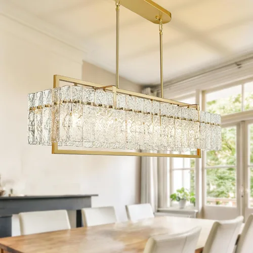 Vista 10 de IKK Lámpara colgante de cristal dorado para isla de cocina, lámpara de araña de vidrio ondulado de lujo, moderna y elegante iluminación colgante Oro