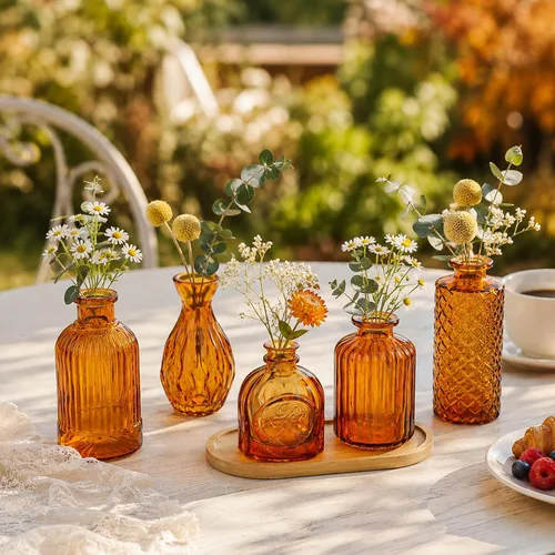 Vista 4 de Juego de 12 jarrones de cristal marrón, mini jarrón para centros de mesa, pequeños jarrones ámbar a granel para decoraciones de boda, jarrón vintage