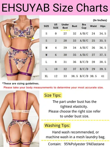 Vista 7 de EHSUYAB Lencería elegante para mujer, bordado colorido, 4 piezas liguero Boudoir