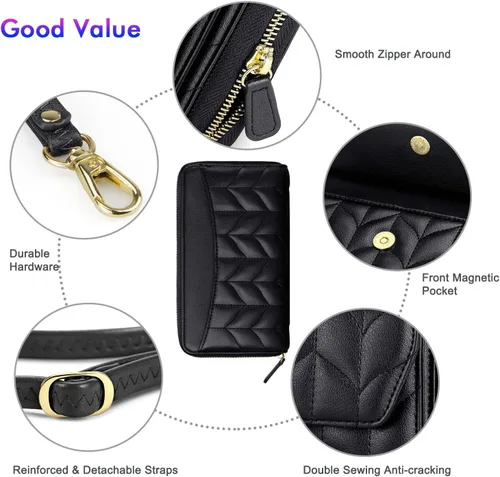 Vista 5 de nuoku Cartera RFID para mujer, bolso cruzado con cremallera alrededor de 2 correas