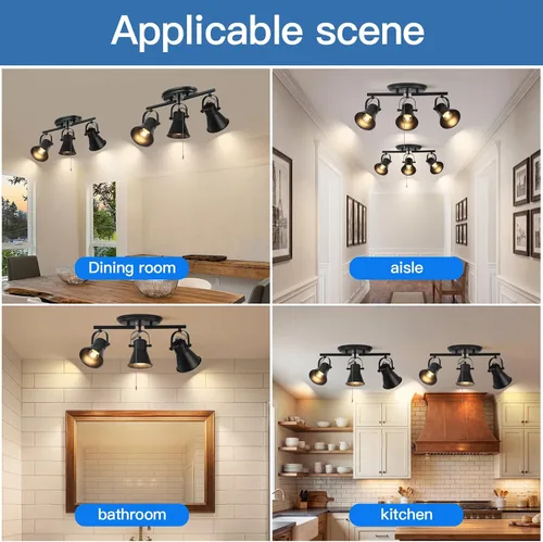 Vista 6 de Iluminación de pista de 3 luces con cadena de tracción, lámpara de techo ajustable negra, accesorios de iluminación de pista giratoria para cocina